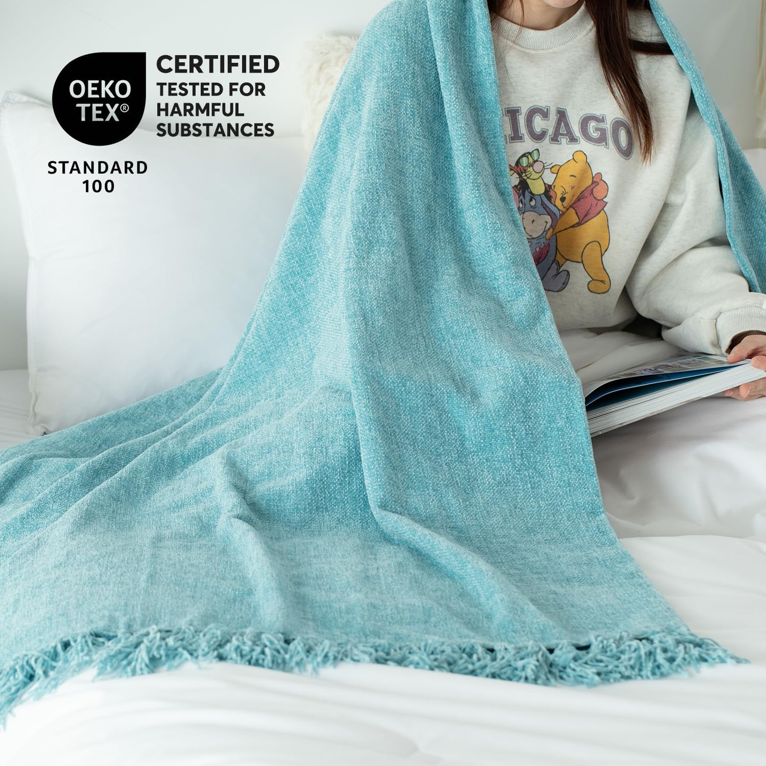 Extra Large Lightweight 108X90 Soft Chenille Throw Bed Blanket for Bedroom with Fringe Tassel, Decorative Blankets and Throws, Cozy Warm Blanket for Men and Women, Blue Oversized King Size