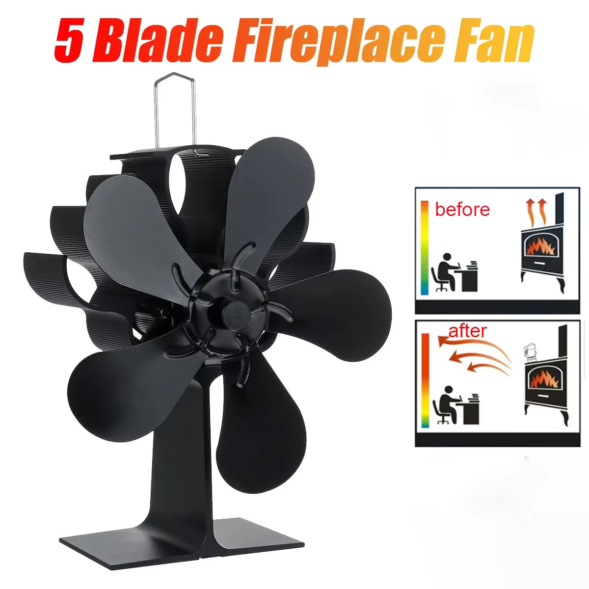 Black Fireplace 5 Blades Heat Powered Stove Fan Log Wood Burner Ecofan Quiet Home Fireplace Fan Efficient Heat Distribution