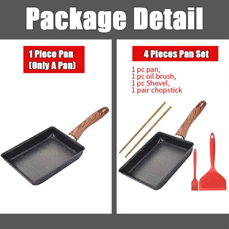 Tamagoyaki Japanese Omelette Pan Package Detail with Single Pan Option and 4-Piece Set Including Shovel, Oil Brush, and Chopsticks