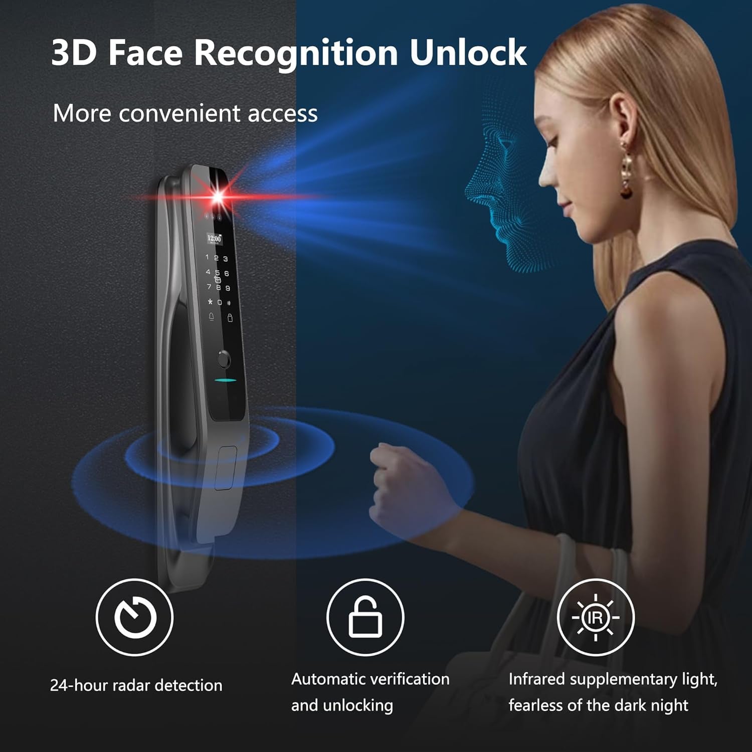3D Face Recognition Smart Door Lock,Contactless Entry Smart Lock with Video Doorbell Camera,Wifi Digital Aluminum Face ID Fingerprint Smart Mortise Lock for Front Door