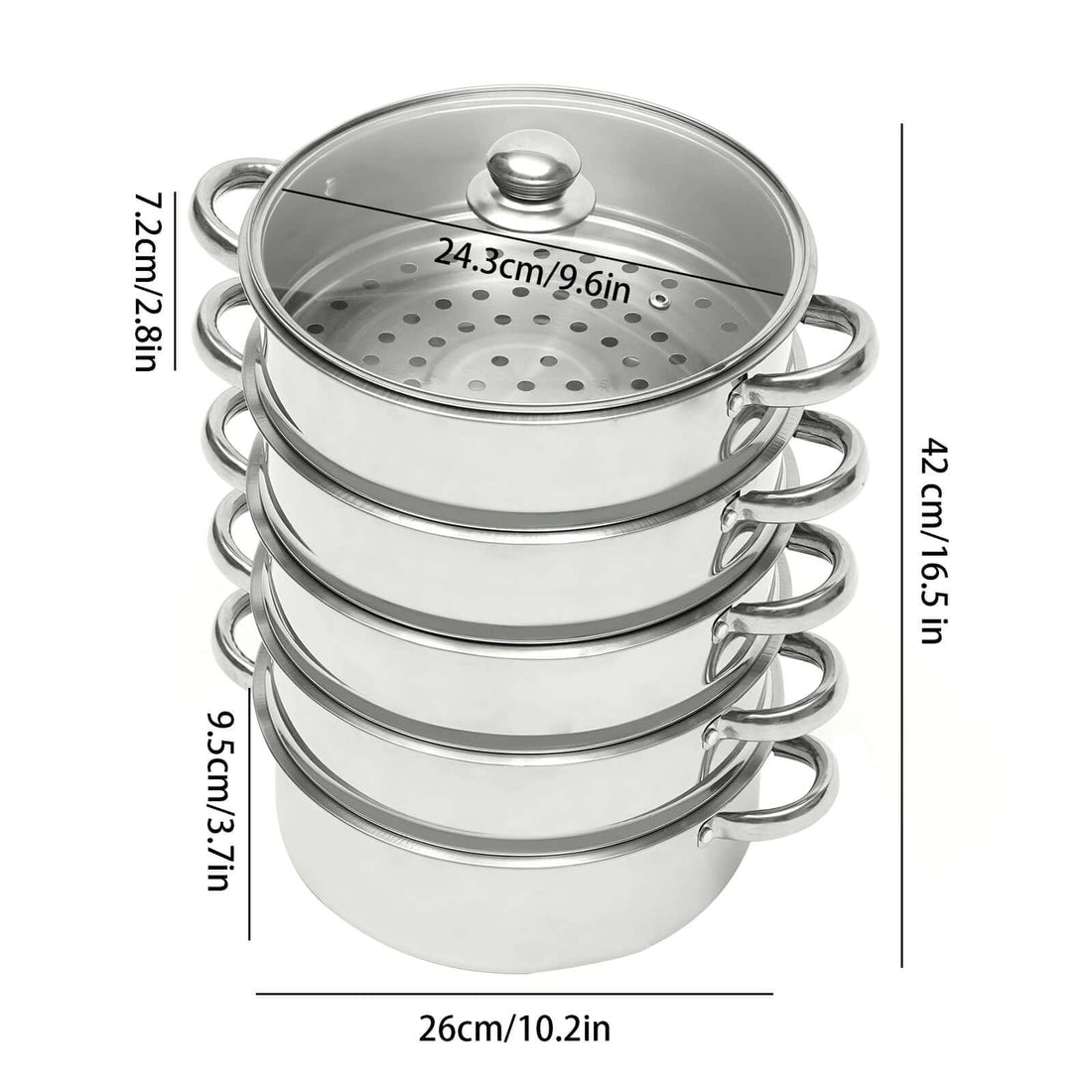 Multi-function 5-layer stainless steel steamer for cooking, 26cm size, with measurements indicated on each layer, top view with lid.