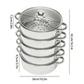 Multi-function 5-layer stainless steel steamer for cooking, 26cm size, with measurements indicated on each layer, top view with lid.