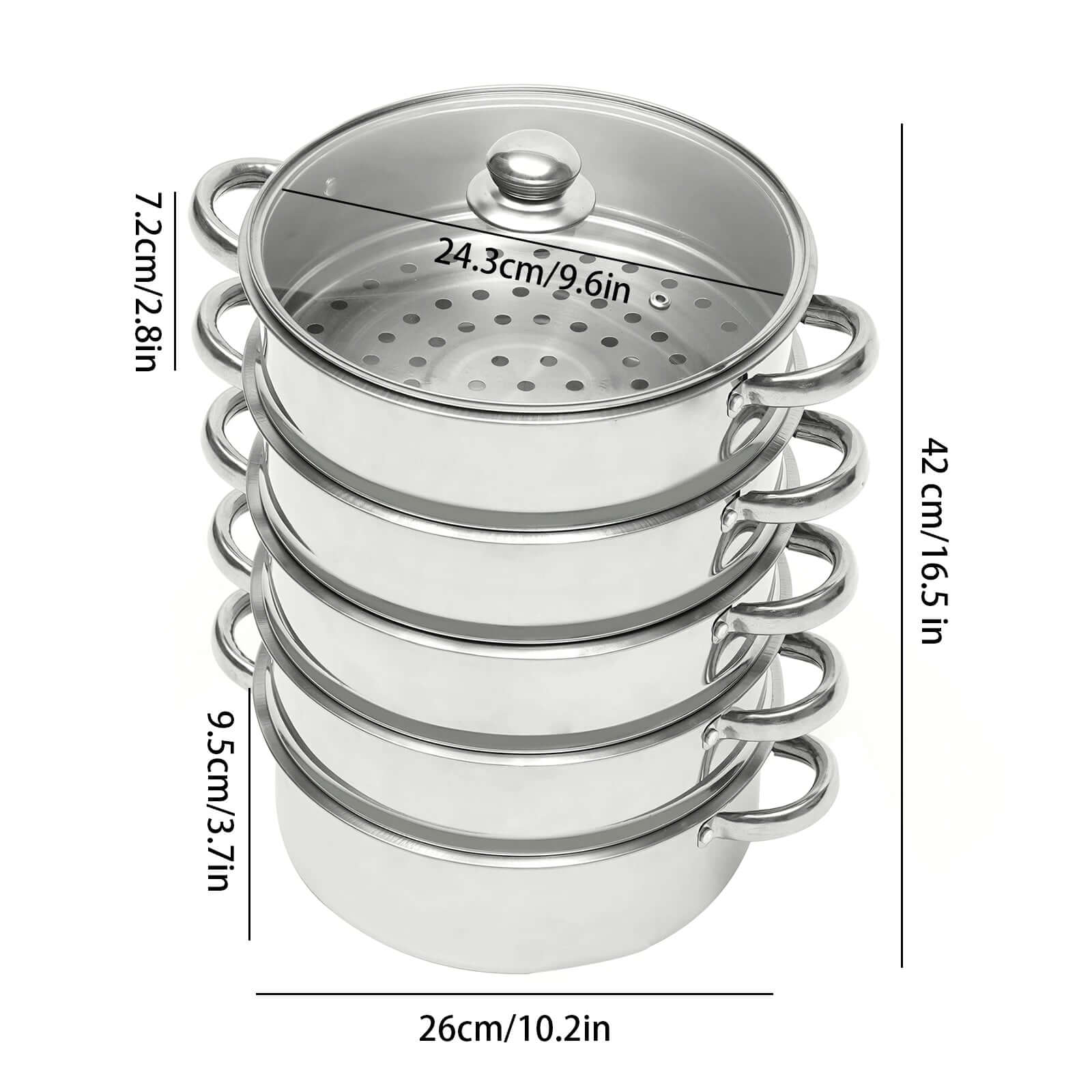 Multi-function 5-layer stainless steel steamer for cooking, 26cm size, with measurements indicated on each layer, top view with lid.