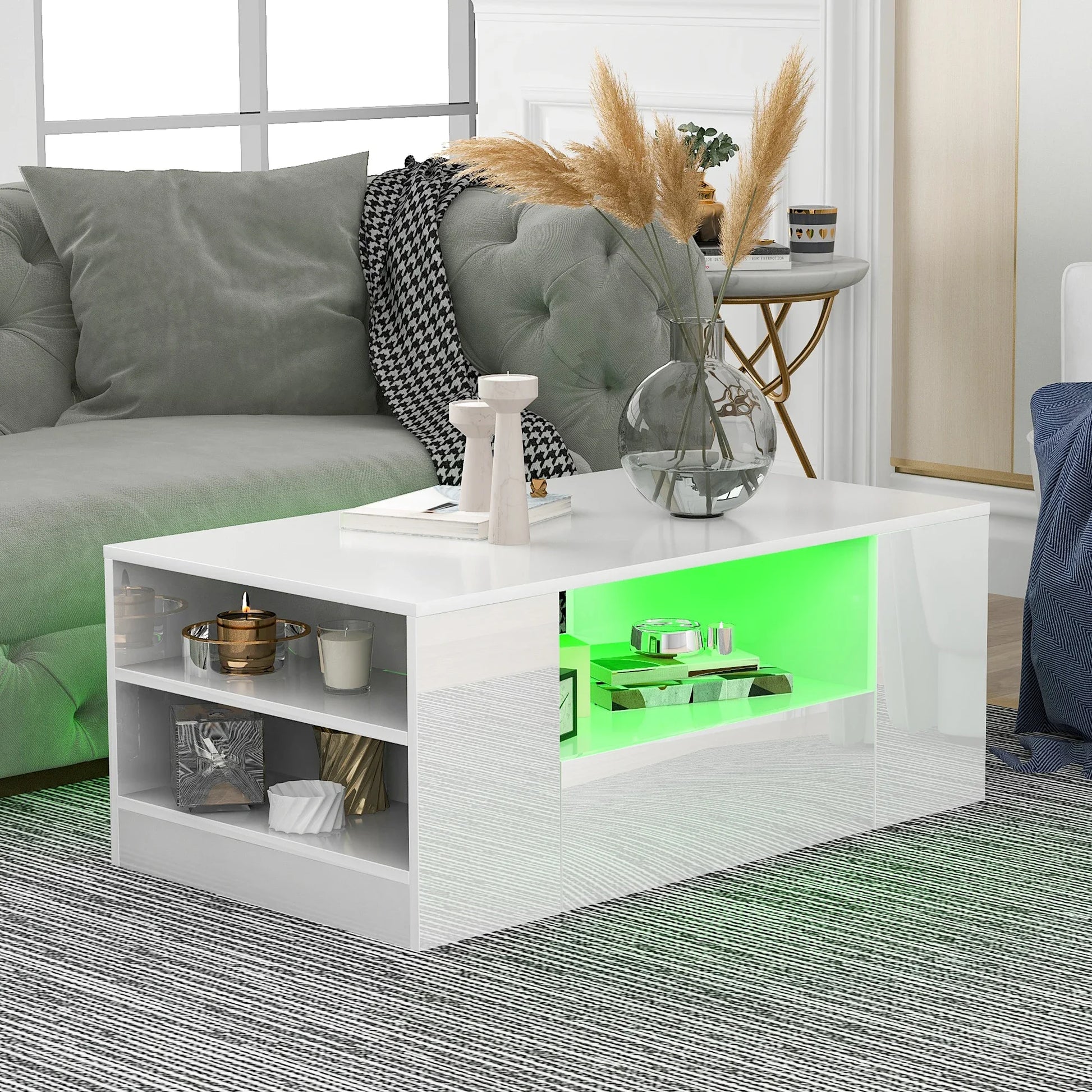 Modern High Gloss RGB LED Coffee Table with 4 Drawer Storage Organizer Sofa Side Table End Table Furniture for Living Room