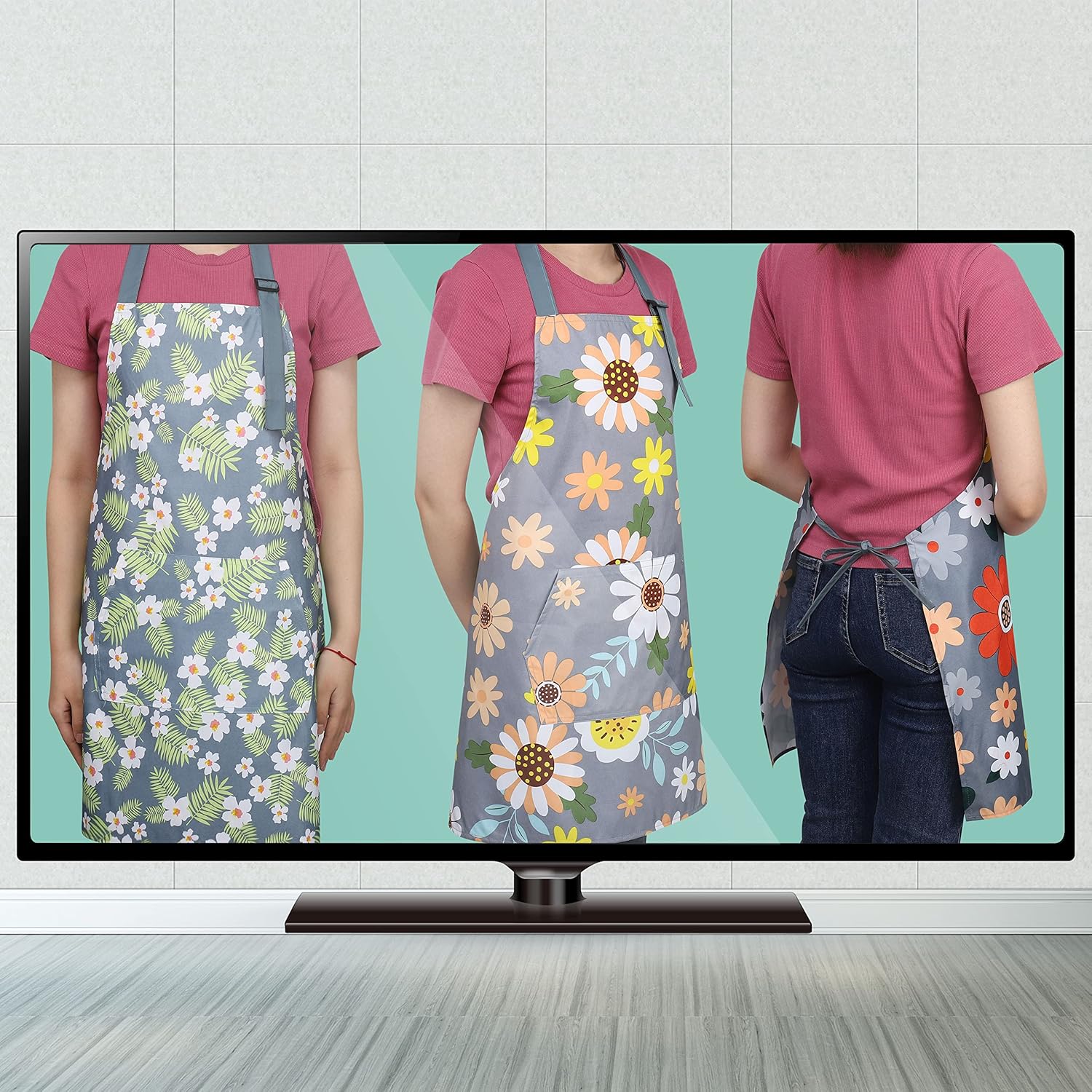 3 Pack Floral Aprons with Pocket, Blooming Womens Aprons Waterproof Adjustable Cooking Aprons for Kitchen Gardening and Salon