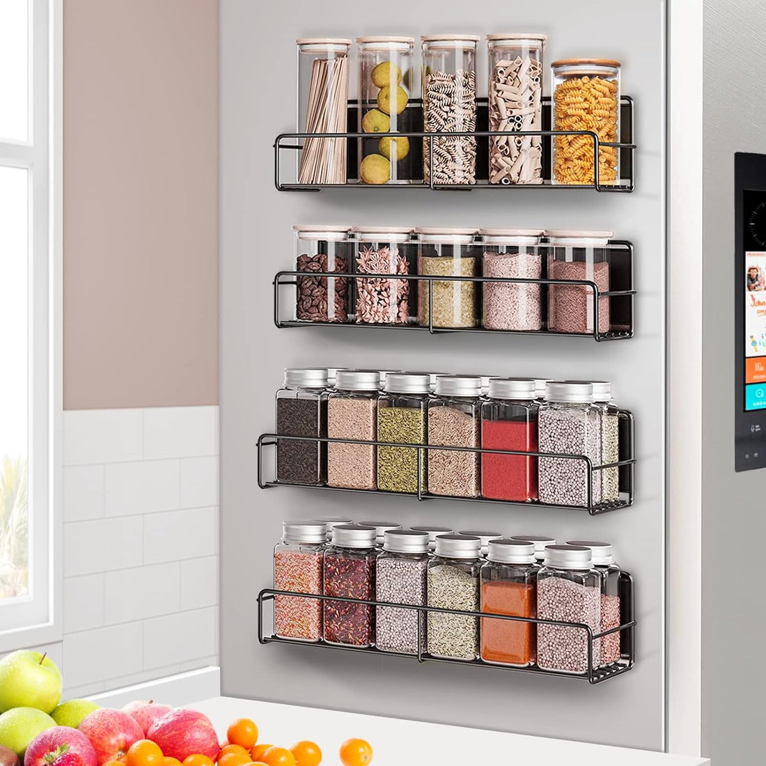 Magnetic Spice Rack for Refrigerator, 4 Pack Fridge Magnet Organizer Magnetic Shelf for Refrigerator and Microwave Oven Metal Fridge Shelf for Kitchen