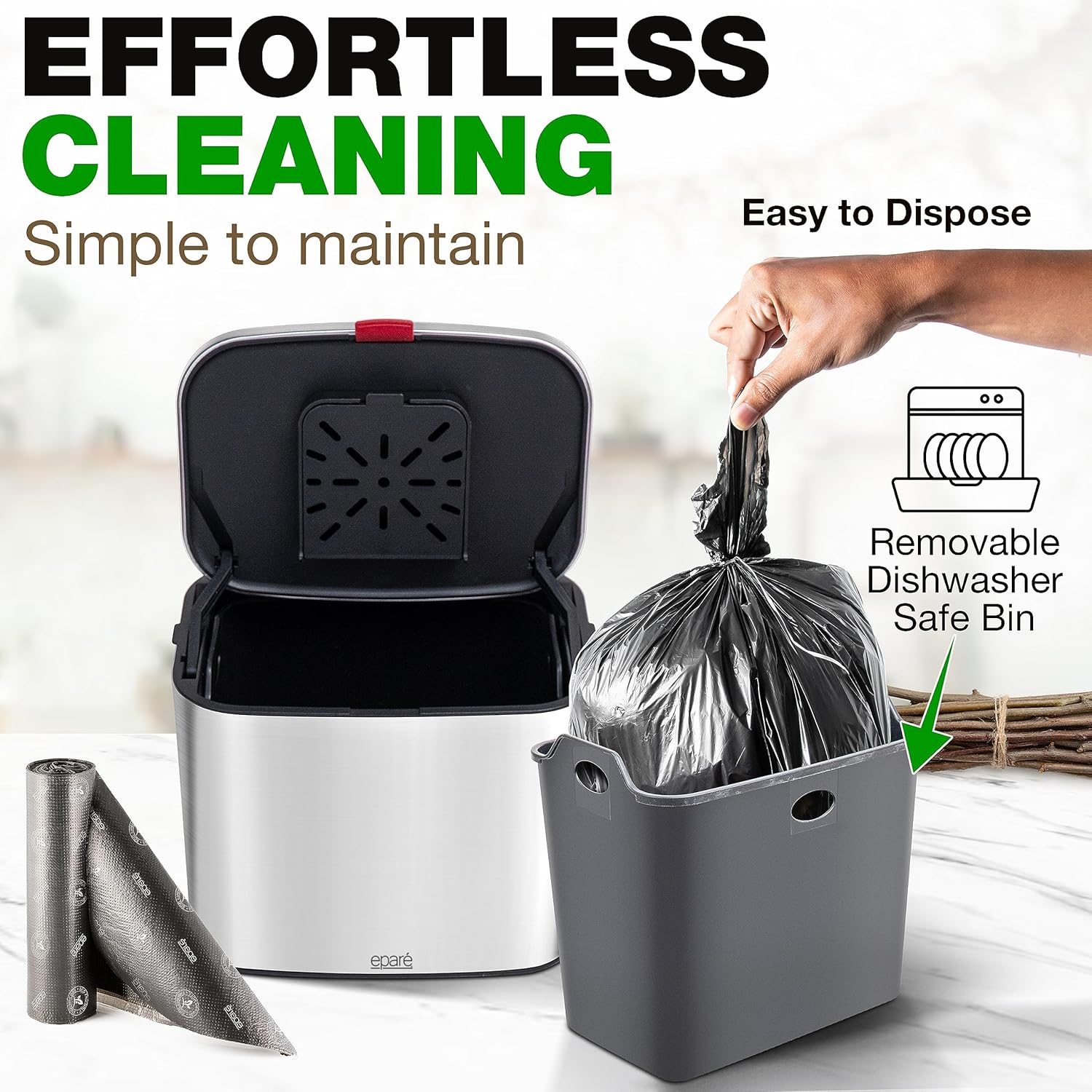 Kitchen Compost Bin Countertop - 1 Gallon Odorless Small Stainless Steel Composting Bin - Hanging Food & Waste Counter Top Trash Can - with 50 Compostable Trash Bags & Carbon Filter