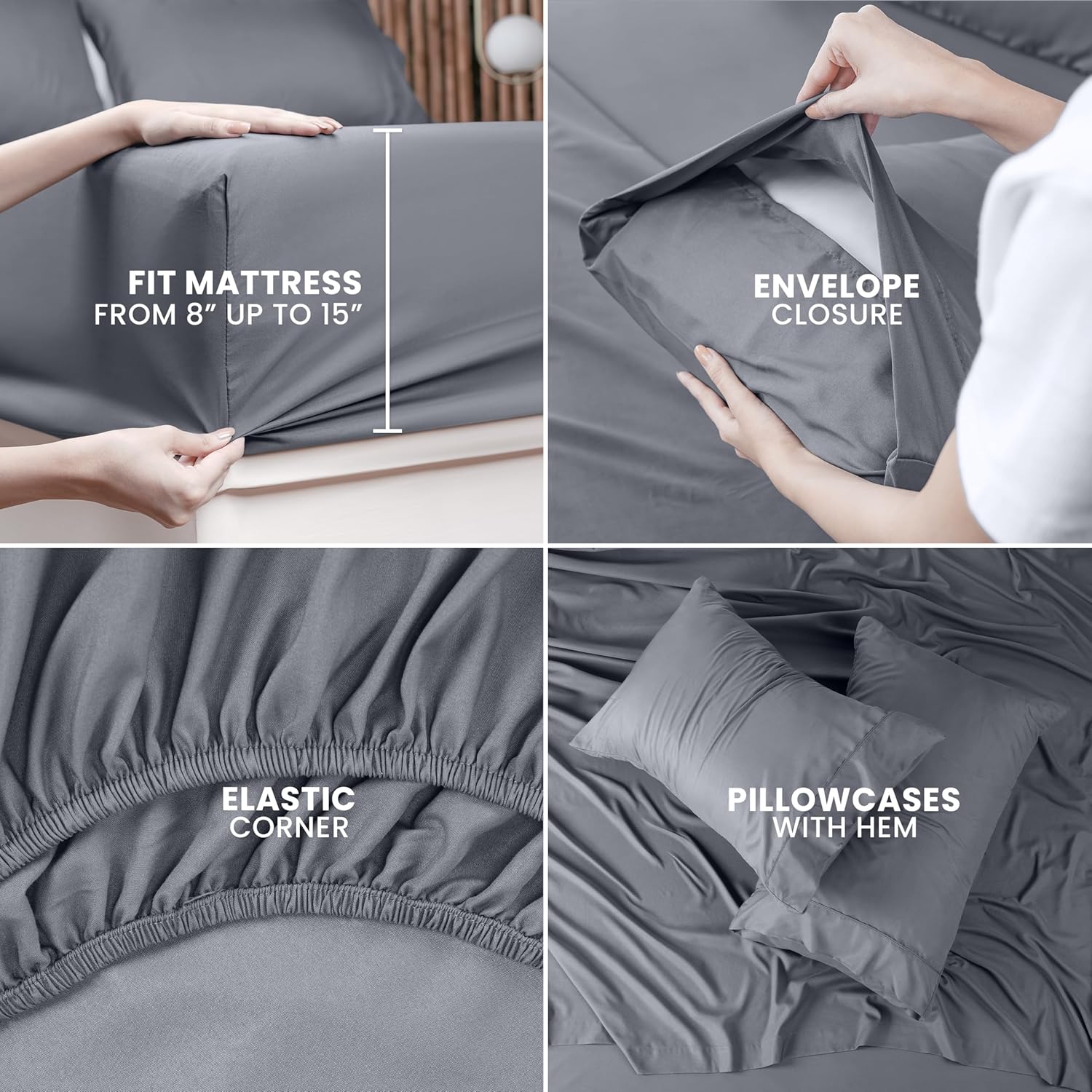 Queen Bed Sheets Set - 4 Piece Bedding - Brushed Microfiber - Shrinkage and Fade Resistant - Easy Care (Queen, Grey)