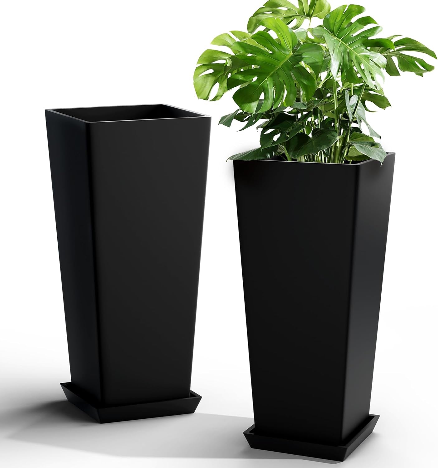 Set of 2 Tall Outdoor Planters 24 Inch, Large Planters for Indoor Outdoor Plants, Tapered Square Flower Pots with Tray for Patio,Black