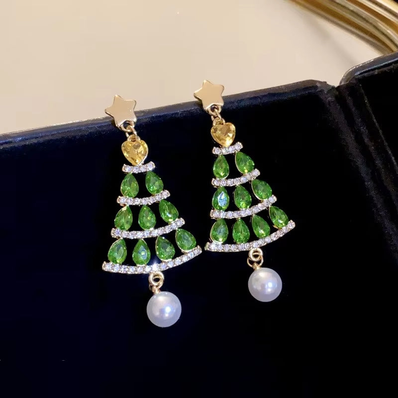 Fashion Christmas Tree Zircon Crystal Star Silver Color Earrings Stud Dangle Xmas Jewelry Women Party Gift