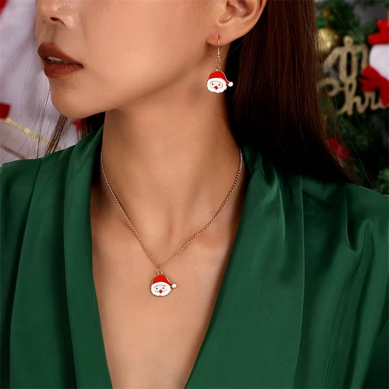 Fashion Christmas Necklace Earrings Jewelry Set for Women Christmas Tree Hat Deer Necklace Girls Party Festival Jewelry Gifts