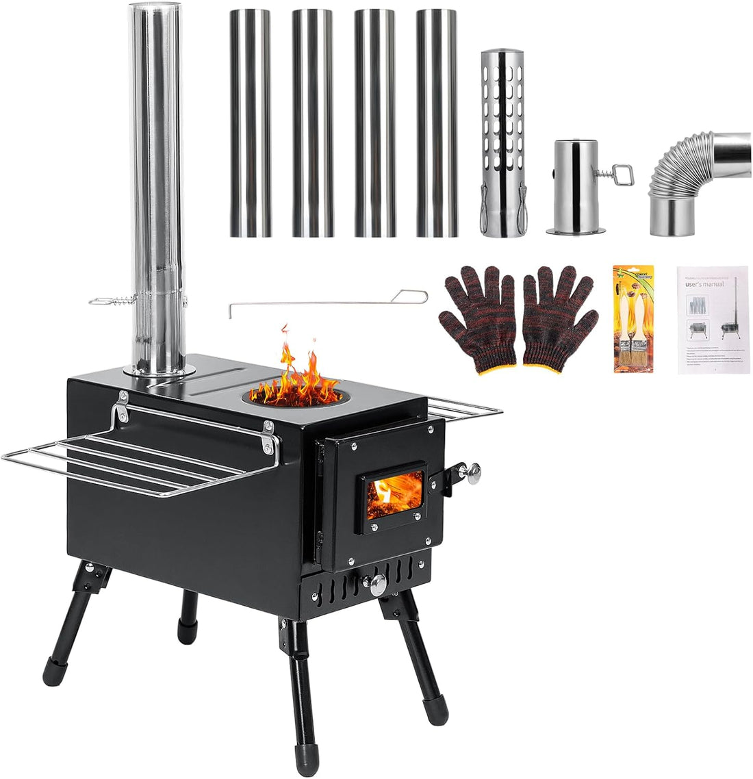 Wood Stove, Outdoor Wood Burning Stove, Camping Stove, Portable Tent Stove with Heat Control Stovepipe & Elbow Pipe for Outdoor Cooking, Camping and Ice-Fishing