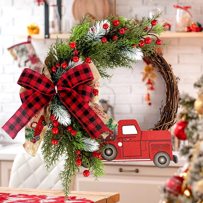 38CM Christmas Door Wreath Garland Wooden Car Red Berry Wall Hanging Ornament Merry Christmas Decoration for Home New Year 2025