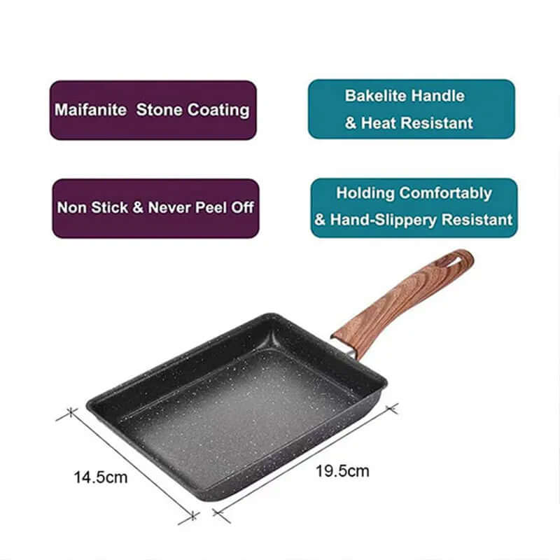 Tamagoyaki Japanese omelette pan with Maifanite stone coating and bakelite handle, non-stick and heat resistant, 14.5cm by 19.5cm.