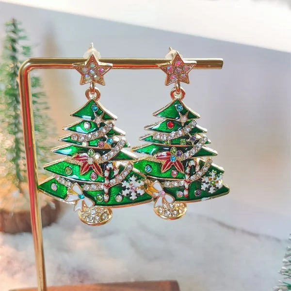 Fashion Christmas Tree Zircon Crystal Star Silver Color Earrings Stud Dangle Xmas Jewelry Women Party Gift