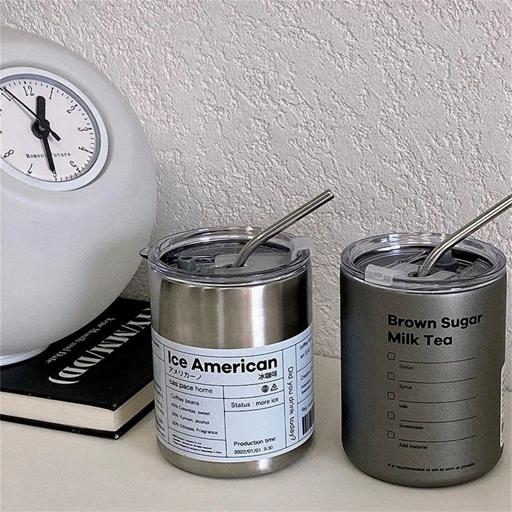 Coffee Cup Thermos 304 Stainless Steel Double -Layer Cooler Straw Cup Portable Reusable Ins Ice American Coffee Mug Water Bottle
