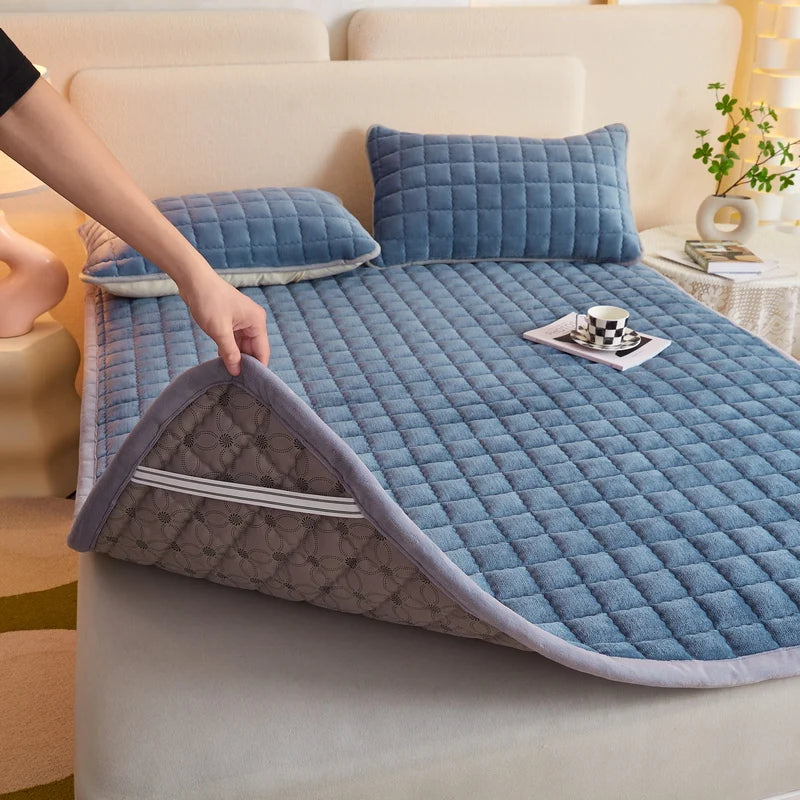 Quilted Mattresses Thickened Bedsheet Матрас Топпер Velvet Mattress Topper Skin-Friendly Bed Linen Blue Mattress(No Pillowcase)