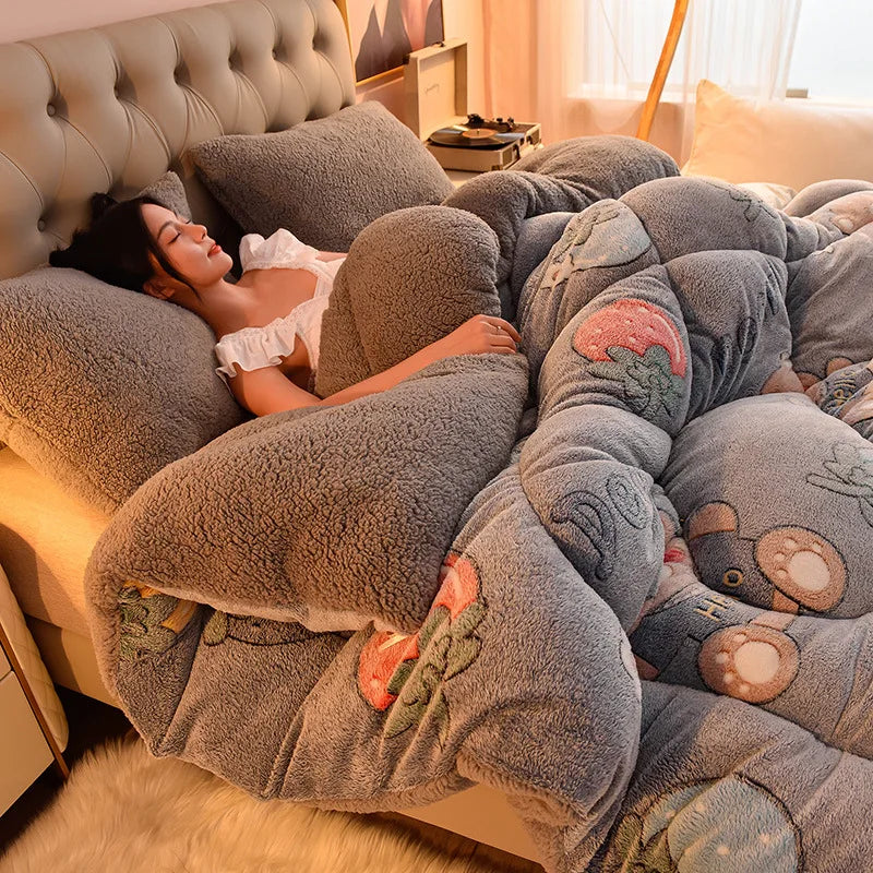 Double Duvet Velvet Quilt Stitch Very Warm Winter Duvet Lamb Cashmere Wool Quilting Blanket Thicken Bed Comforters Queen