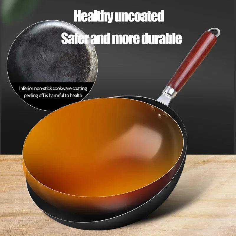 Household Handmade Iron Wok 28Cm/30Cm/32Cm/34Cm Non-Coating Non-Stick Pan Frying Pan Gas and Induction Cooker Kitchen Cookware