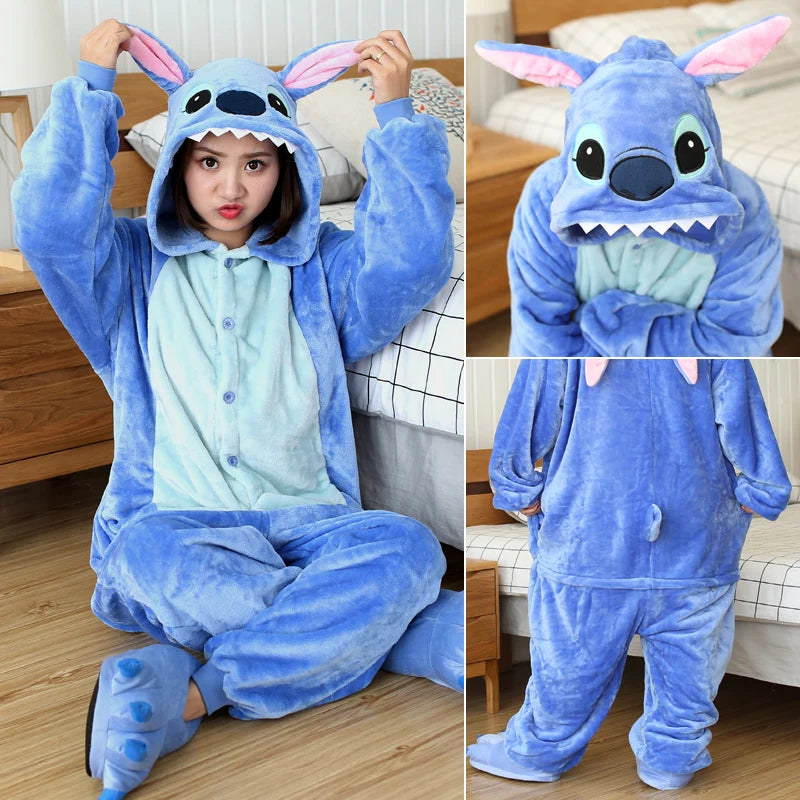 Winter Adults Kigurumi Animal Stitch Onesies Women Men Pajamas Suit Onepiece Halloween Christmas Hooded Cartoon Onesie Costumes