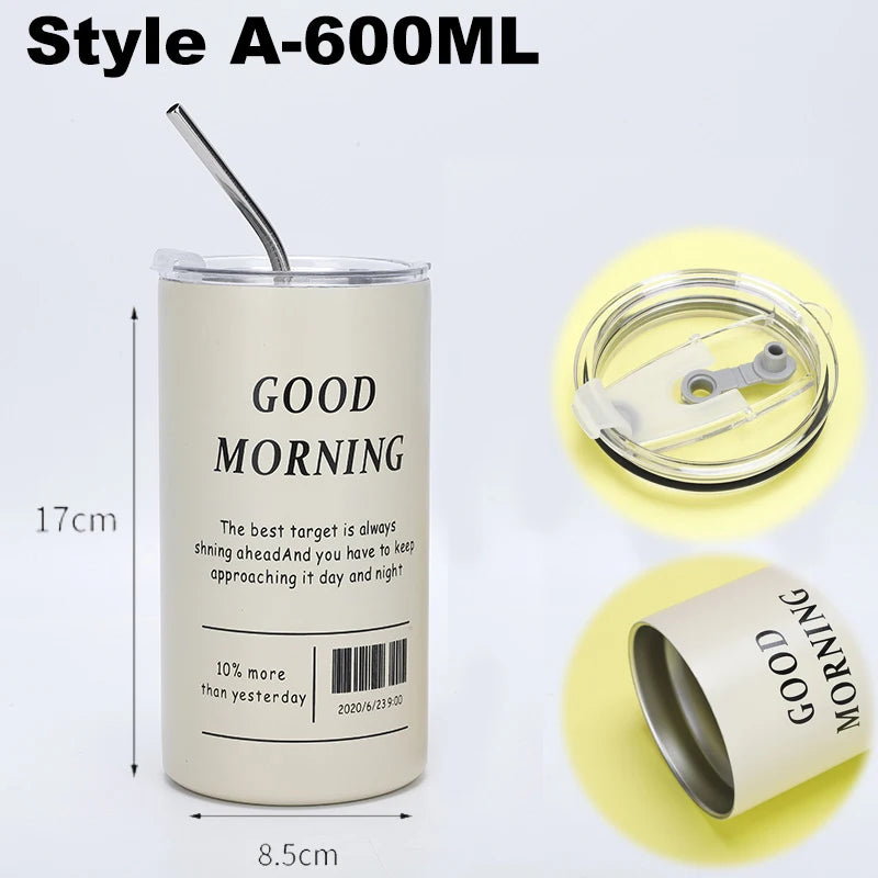 Coffee Cup Thermos 304 Stainless Steel Double -Layer Cooler Straw Cup Portable Reusable Ins Ice American Coffee Mug Water Bottle