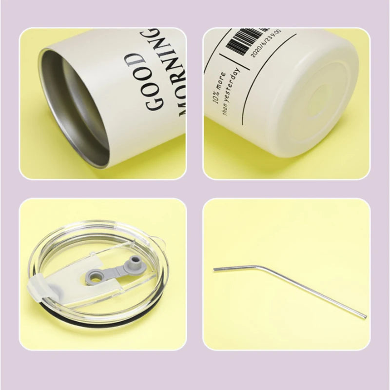 Coffee Cup Thermos 304 Stainless Steel Double -Layer Cooler Straw Cup Portable Reusable Ins Ice American Coffee Mug Water Bottle