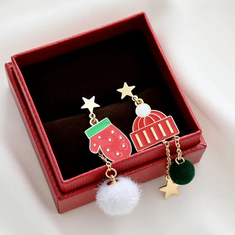 New Asymmetric Christmas Earring for Women Delicate Crystal Bowknot Christmas Tree Snowflake Tassel Earrings Girls Party Jewelry