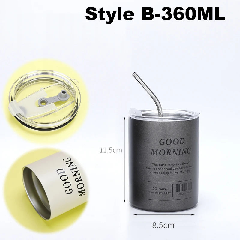 Coffee Cup Thermos 304 Stainless Steel Double -Layer Cooler Straw Cup Portable Reusable Ins Ice American Coffee Mug Water Bottle