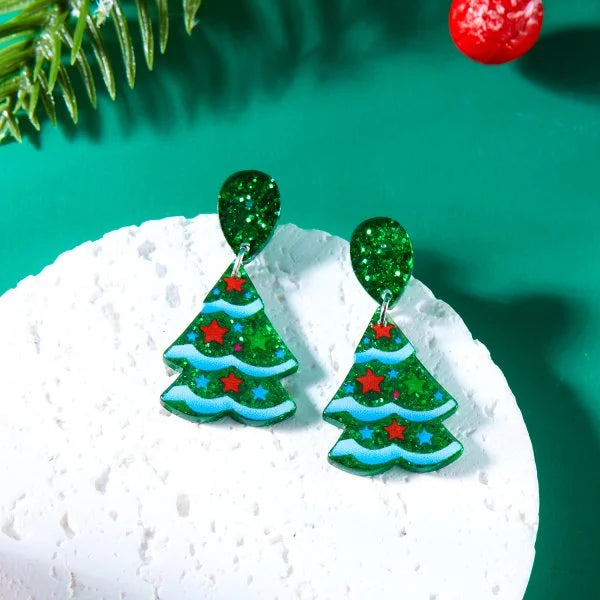 Fashion Christmas Tree Zircon Crystal Star Silver Color Earrings Stud Dangle Xmas Jewelry Women Party Gift