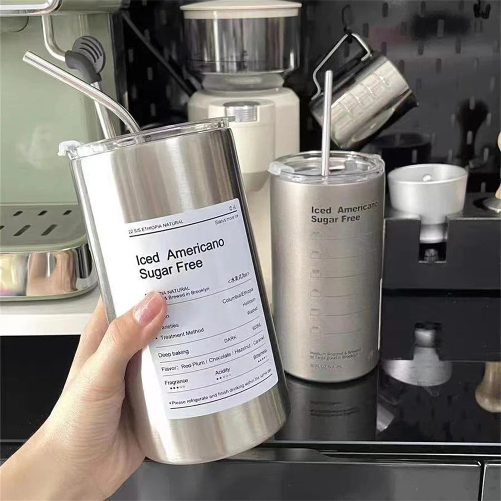 Coffee Cup Thermos 304 Stainless Steel Double -Layer Cooler Straw Cup Portable Reusable Ins Ice American Coffee Mug Water Bottle