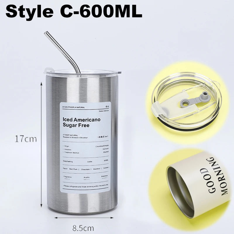 Coffee Cup Thermos 304 Stainless Steel Double -Layer Cooler Straw Cup Portable Reusable Ins Ice American Coffee Mug Water Bottle