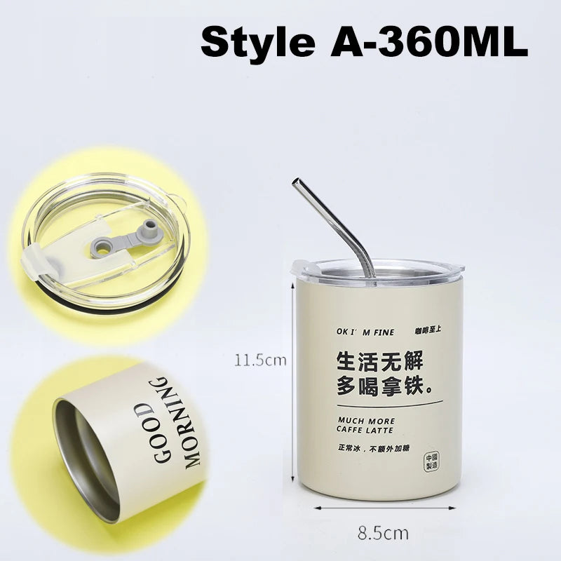 Coffee Cup Thermos 304 Stainless Steel Double -Layer Cooler Straw Cup Portable Reusable Ins Ice American Coffee Mug Water Bottle