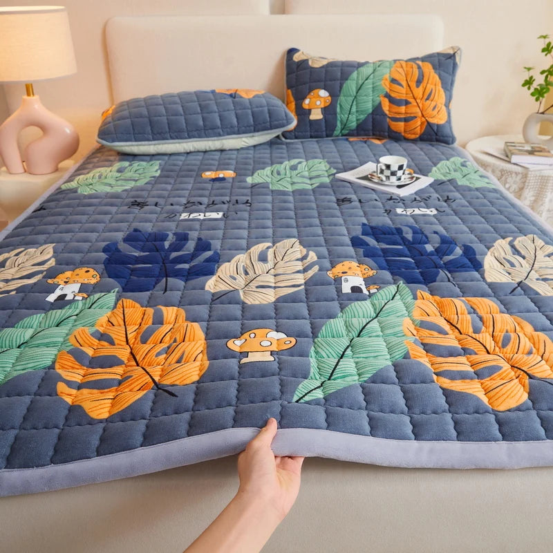 Quilted Mattresses Thickened Bedsheet Матрас Топпер Velvet Mattress Topper Skin-Friendly Bed Linen Blue Mattress(No Pillowcase)