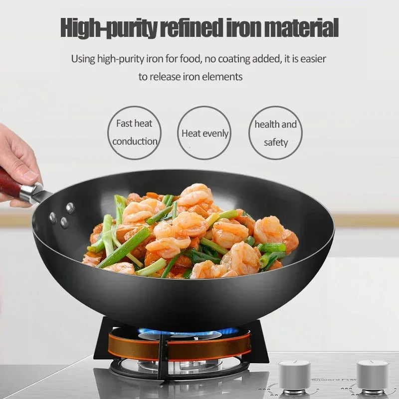 Household Handmade Iron Wok 28Cm/30Cm/32Cm/34Cm Non-Coating Non-Stick Pan Frying Pan Gas and Induction Cooker Kitchen Cookware