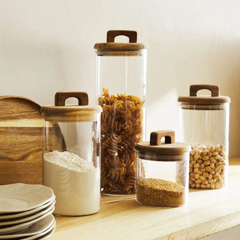 650/1100/1800Ml Glass Food Storage Tank with Wooden Lid Kitchen Coffee Beans Candy Tea Grains Canister Home Snacks Storage Jar