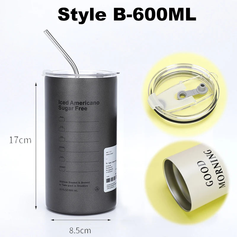 Coffee Cup Thermos 304 Stainless Steel Double -Layer Cooler Straw Cup Portable Reusable Ins Ice American Coffee Mug Water Bottle