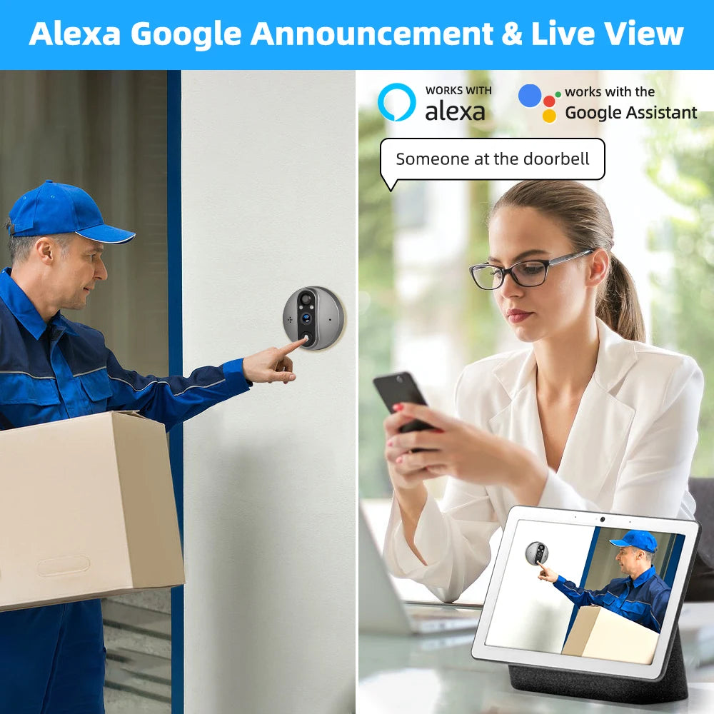 3MP Tuya Smart Life APP Home Battery Wifi Video Digital Door Peephole Viewer PIR IR Door Bell Magic Eye Camera Alexa Google