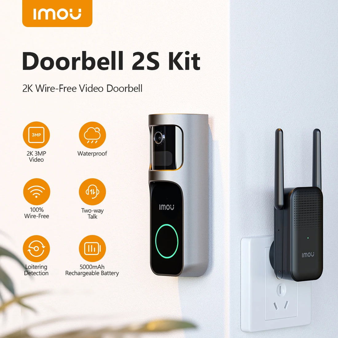 Video Doorbell 2S Set 5000Mah Rechargeable Battery 30°Pan Lens Human Detection Two-Way Talk Waterproof 100% Wire-Free Chime