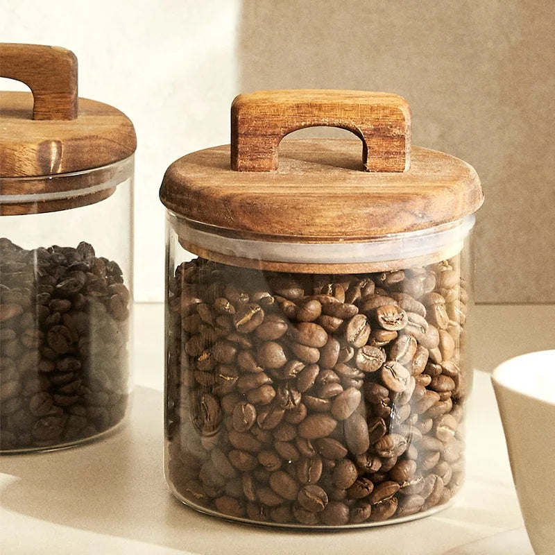 650/1100/1800Ml Glass Food Storage Tank with Wooden Lid Kitchen Coffee Beans Candy Tea Grains Canister Home Snacks Storage Jar