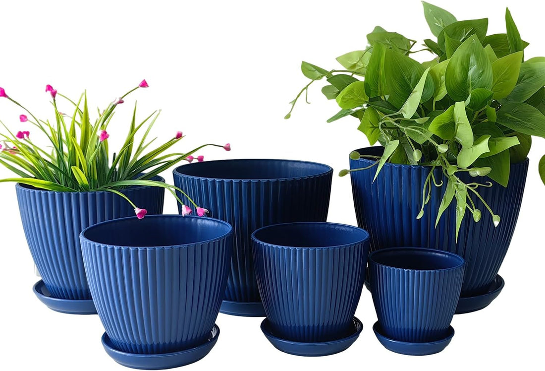 7.5/6.5/5.5/4.9/4.2/3.5 Inches Plant Planters 6 Pack, Thick Sturdy Plastic Pots for Plants, Indoor/Outdoor 6 Sizes Flower Pots with Drainage Holes and Saucers (6 Sizes,Dark-Blue)