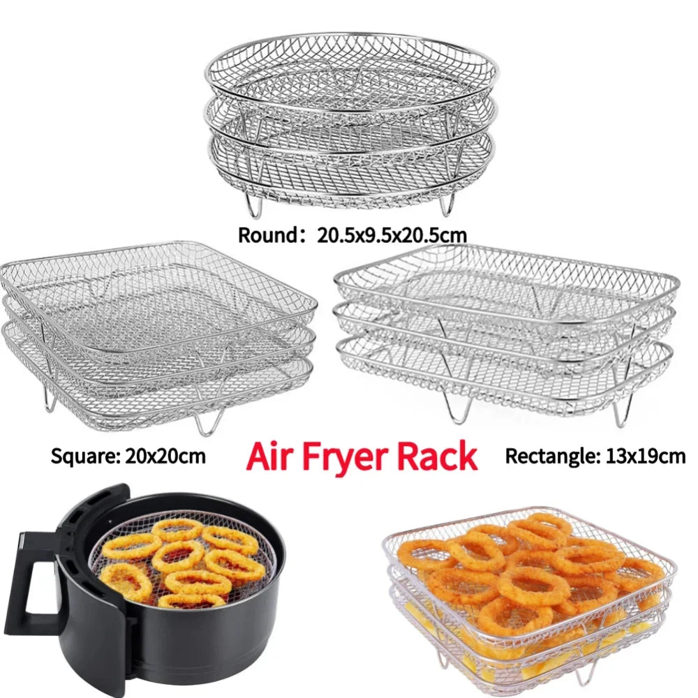 3-Layers Air Fryers Rack Stackable Grid Grilling Rack Stainless Steel Anti-Corrosion Home Kitchen Oven Steamer Cooker Gadgets