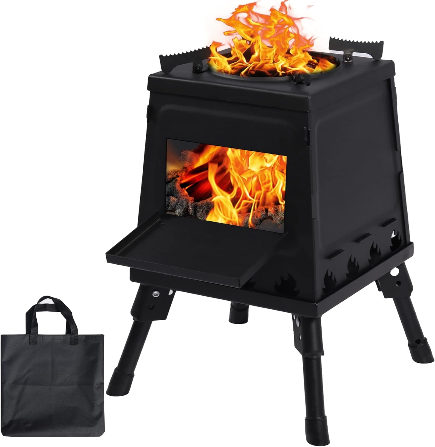 Wood Burning Camp Stove, Portable Cast Iron Camping Wood Stove, Black Woodstove with Carrying Case for Backpacking Outdoor Cooking, Large