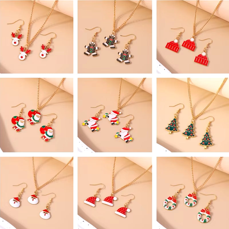 Fashion Christmas Necklace Earrings Jewelry Set for Women Christmas Tree Hat Deer Necklace Girls Party Festival Jewelry Gifts