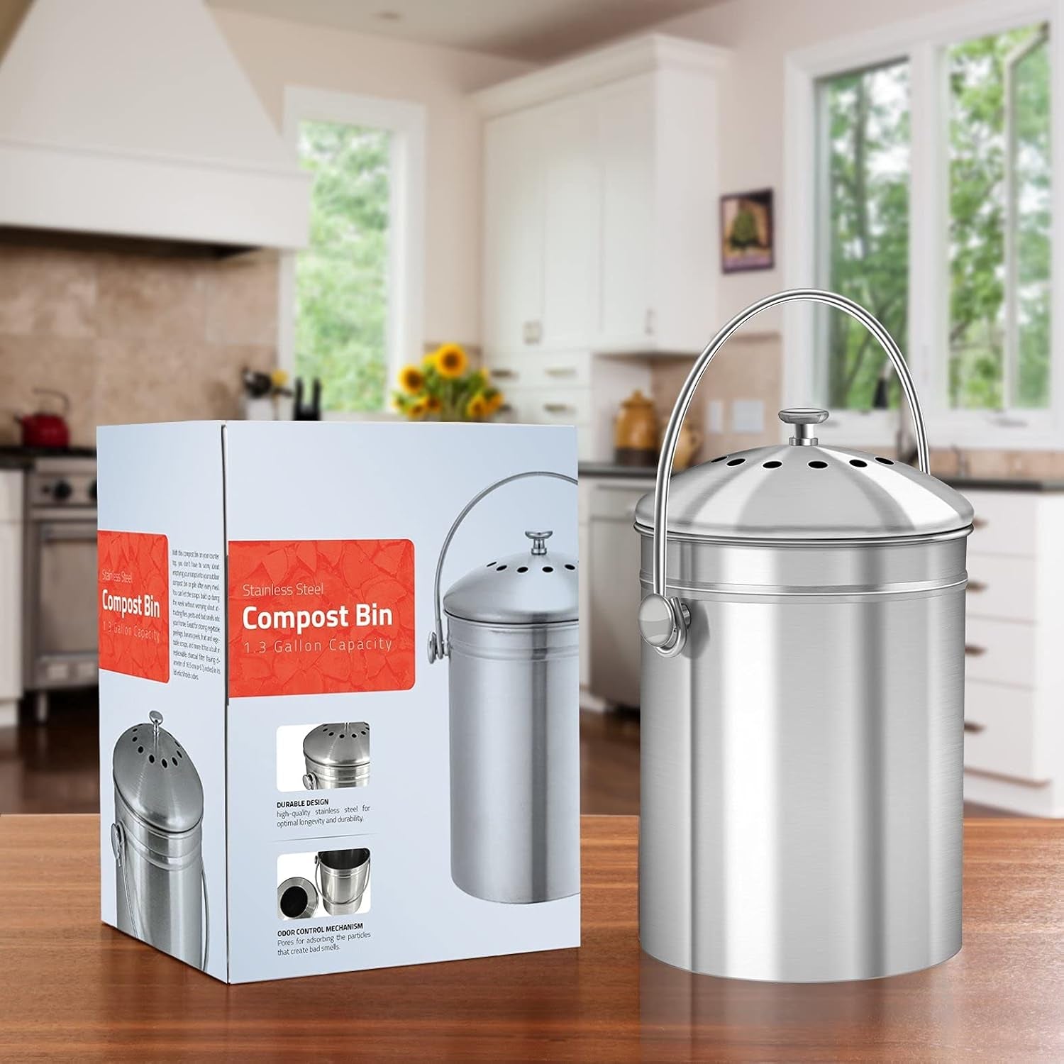 Compost Bin for Kitchen Countertop - 1.3 Gallon Compost Bucket for Kitchen with Lid - Includes 1 Spare Charcoal Filter (Silver)