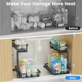 Under Sink Organizer 2 Pack, 2 Tier Upgraded Slide Out under Sink Storage, 5 Height Adjustable Pull Out Cabinet Organizer Drawers for Kitchen Bathroom, Thickened Metal Sink Storage Shelves, Black