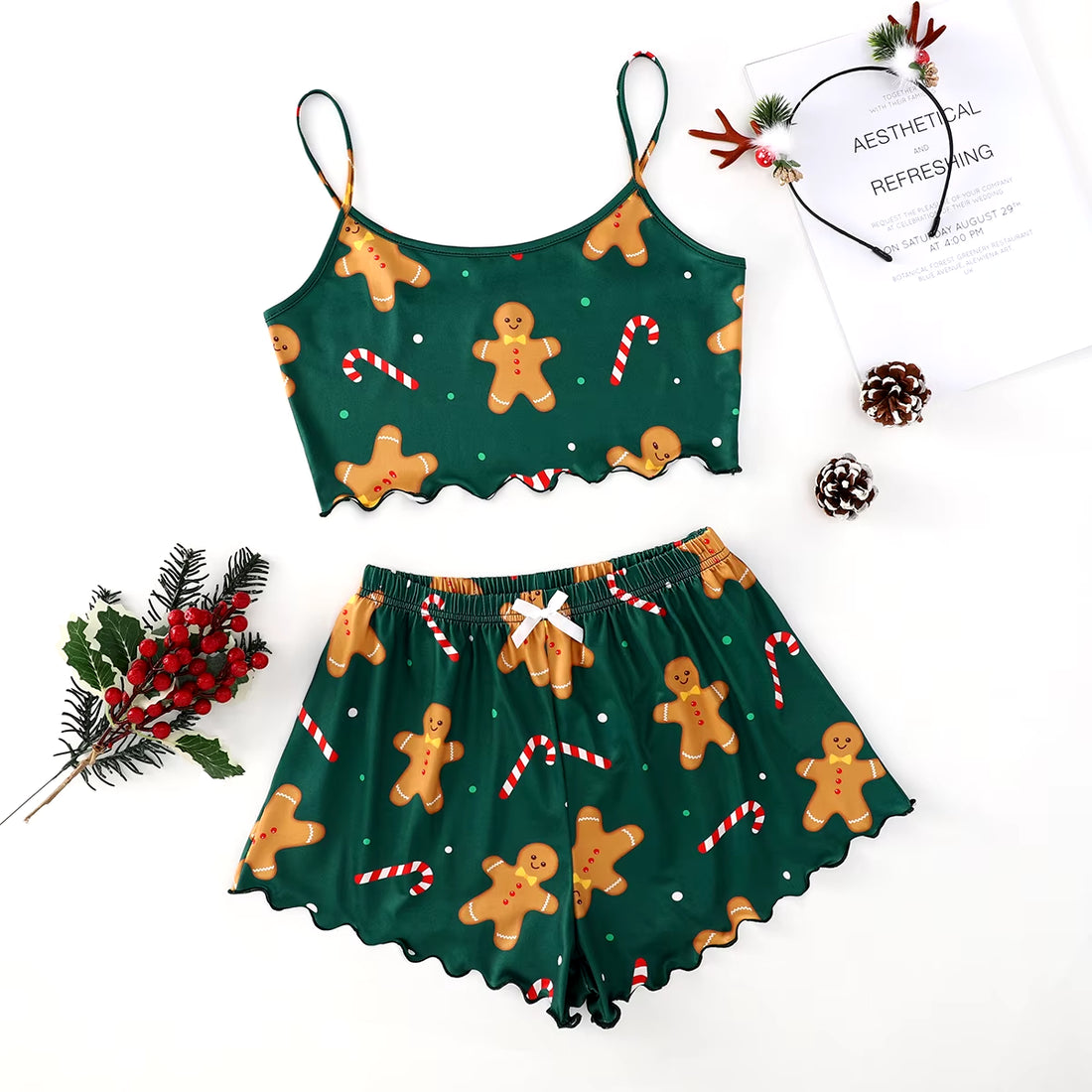 Women'S 2Pcs Cute Soft Comfy Christmas Set Cartoon Print Strap Top Santa Claus Shorts Home Suit Sexy Pajamas