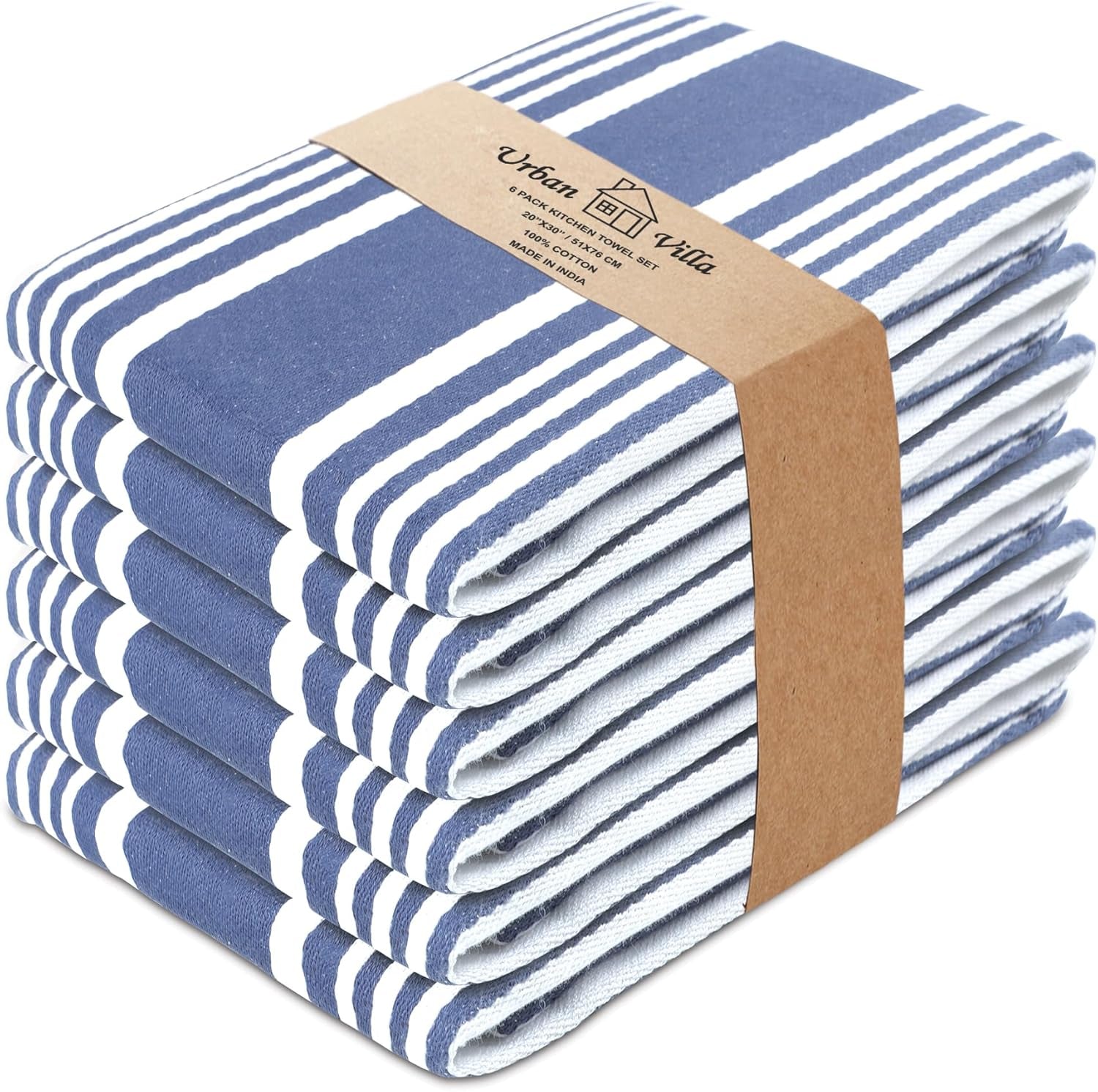 Kitchen Towels (20X30 Inches 6 Pack) Extra Large Premium Dish Towels for Kitchen Blue & White Dish Cloths Highly Absorbent 100% Cotton Kitchen Hand Towels with Hanging Loop Tea Towels