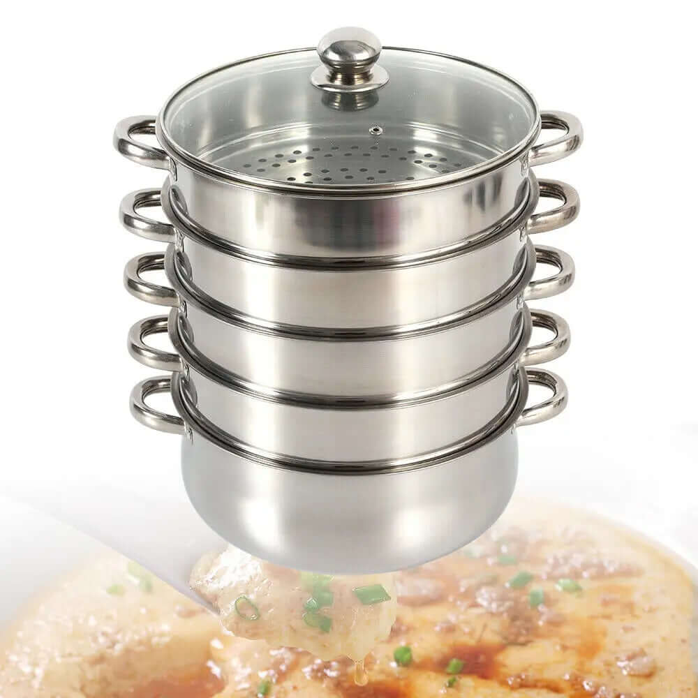 5-tier stainless steel steamer, multi-function, 26 cm-30 cm, durable and easy-to-clean, perfect for versatile cooking tasks