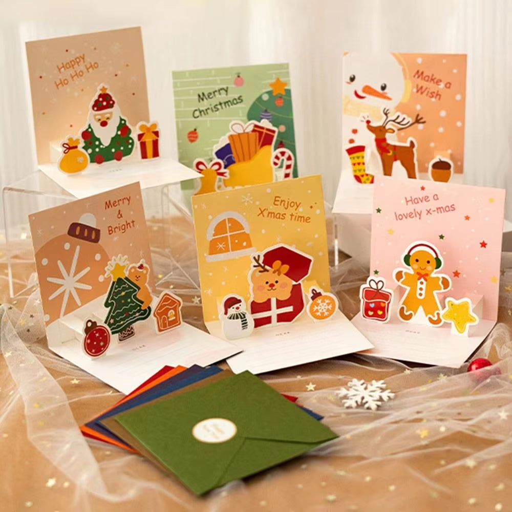 6Pcs/Set Christmas 3D Greeting Cards Pop-Up Santa with Envelope Stickers Postcards for Snowman Reindeer Party