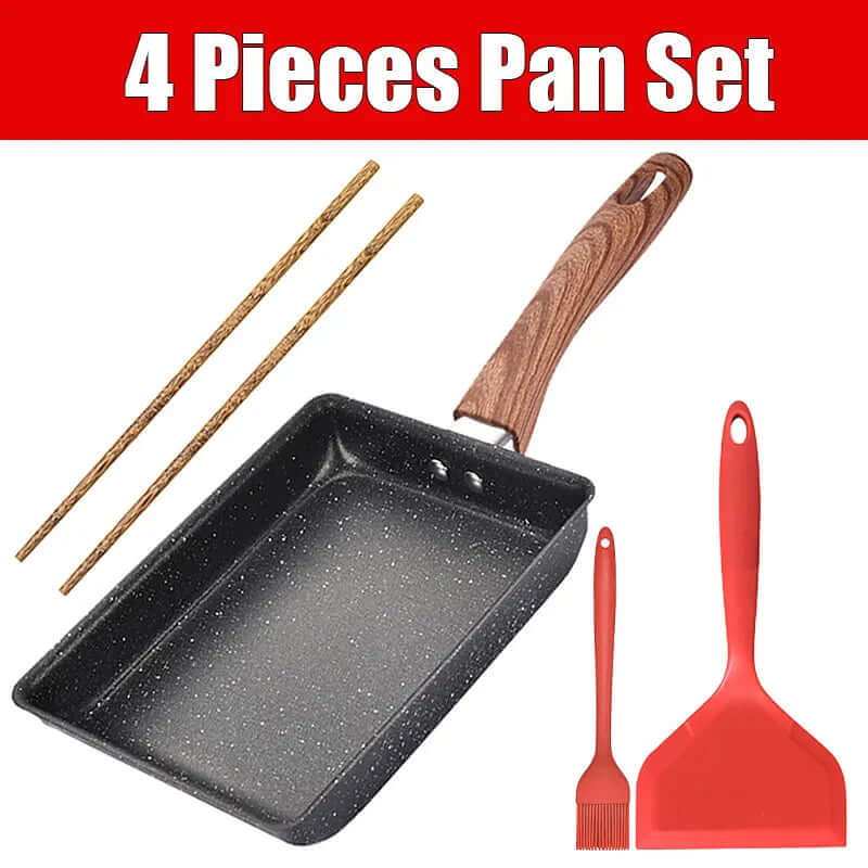 Tamagoyaki Japanese Omelette Pan Nonstick with Wooden Handle, Cooking Tools, and Chopsticks - 4 Pieces Pan Set